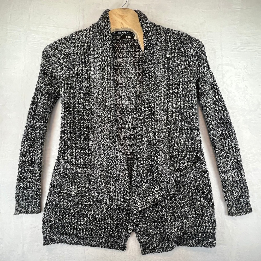 BDG Open Front Cardigan Sweater Womens Black White Marled Chunky‎ Knit Medium